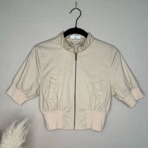 Cream Cropped Bomber Jacket Short Sleeve Zip Up, Size Medium